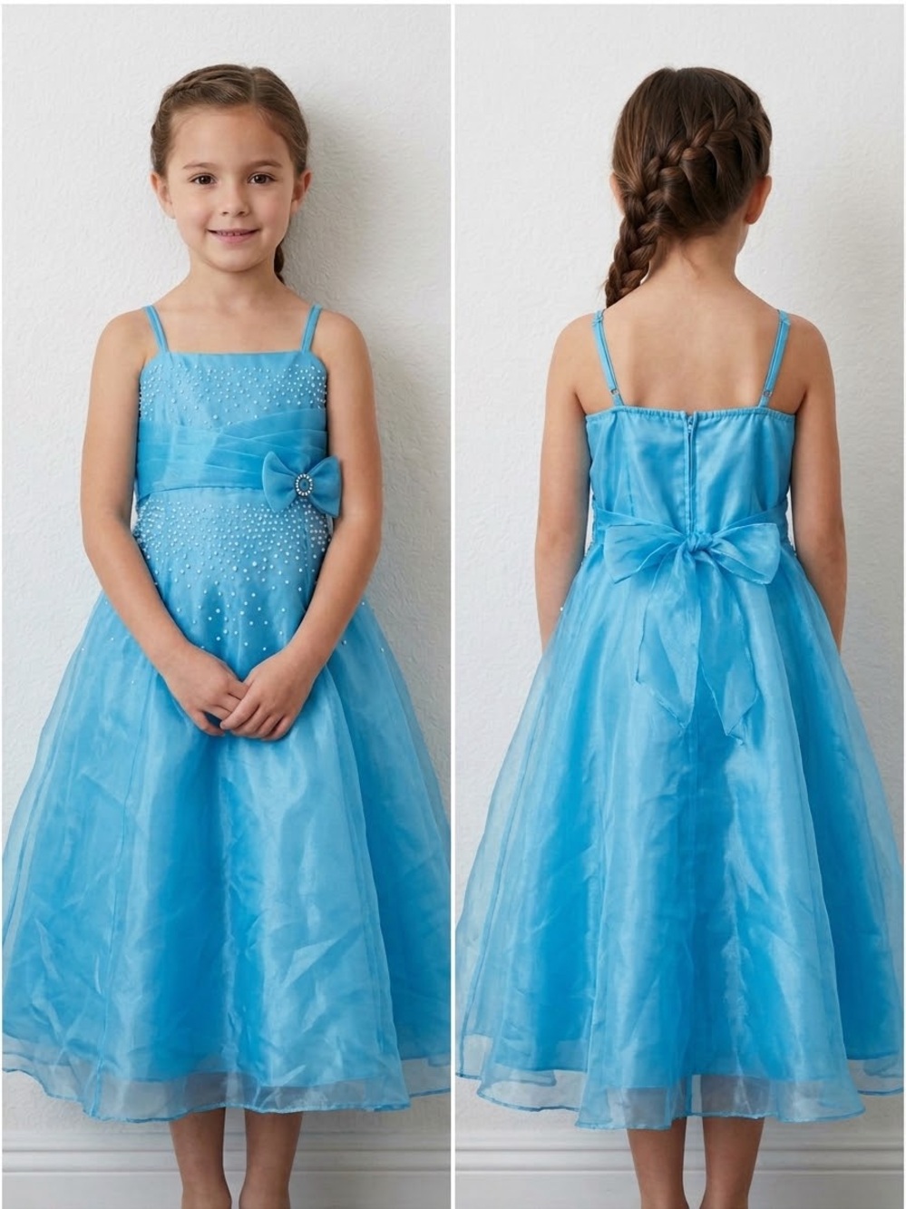 Lily Light Blue Sleeveless Organza Party Dress with Bow